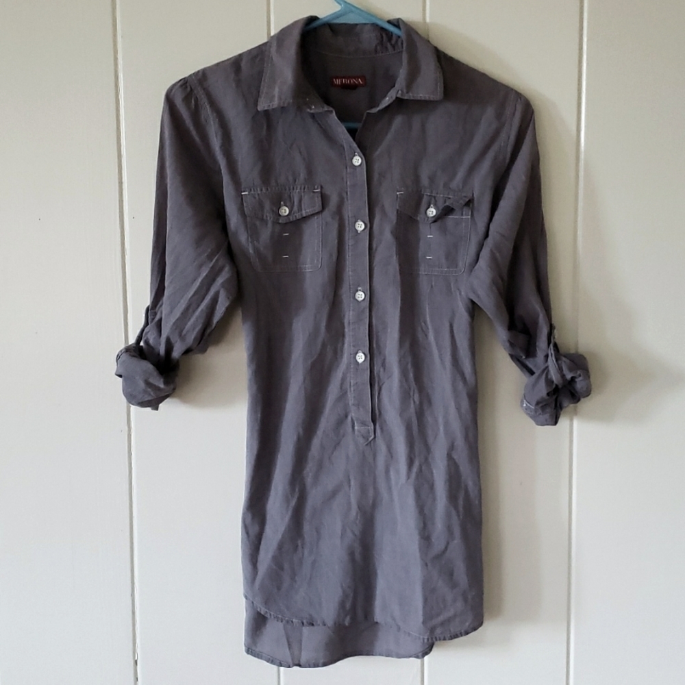 Merona Womens XS Chambray Blue Gray Long Button Front Roll Tab Sleeve Tie Back
